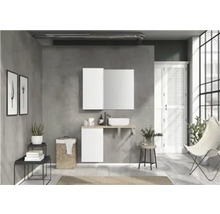 Moderne badkamer met wastafelonderkast, spiegel, opbergplank en decoratieve elementen.