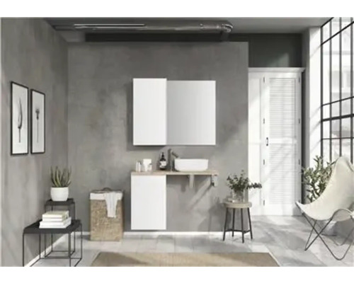 Moderne badkamer met wastafelonderkast, spiegel, opbergplank en decoratieve elementen.