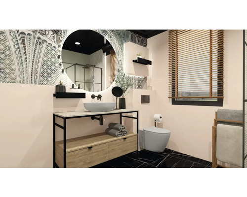 Badkamer met wastafel, spiegel, toilet en jaloezieën