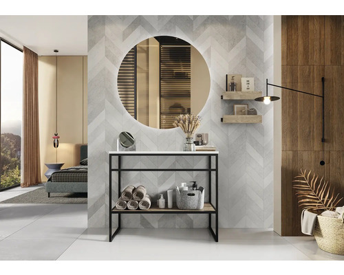 Moderne badkamer met wastafel, spiegel en planken