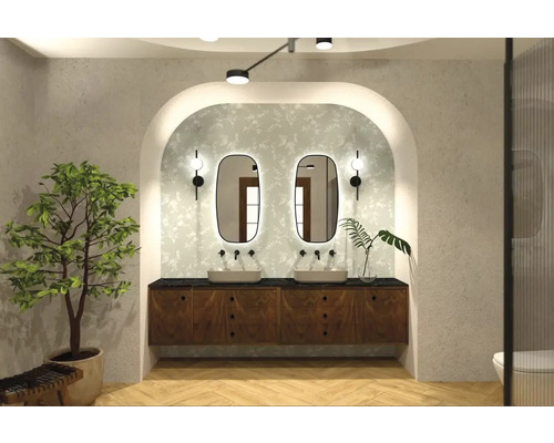 Lichte badkamer met dubbele wastafel, spiegels, planten en decoratieve accenten