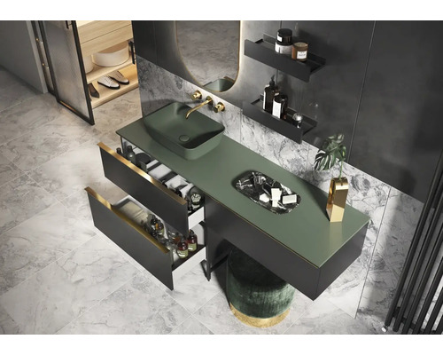 Moderne badkamer met wastafel, open lade-element en kruk