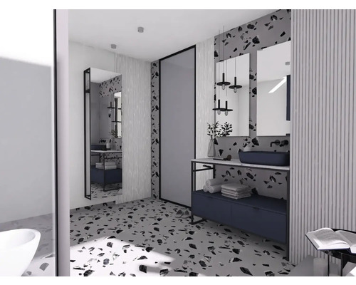 Lichte badkamer met wastafel, spiegels en terrazzo vloer