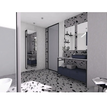 Lichte badkamer met spiegels, wastafel en terrazzo vloer