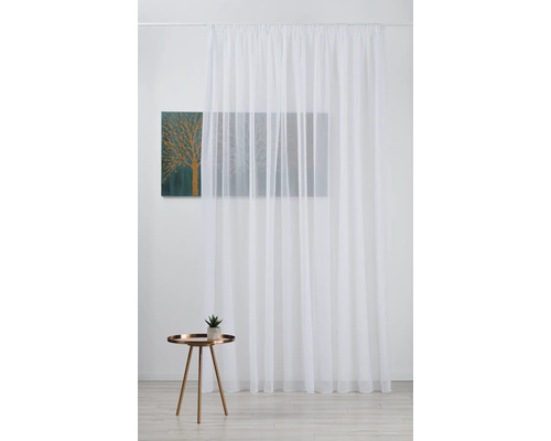 Witte, transparante gordijn in kamer met bijzettafel en schilderij