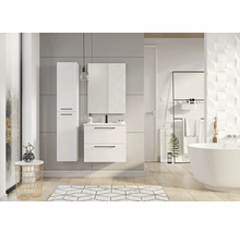 Badkamer met wastafelonderkast, spiegelkast en hoge kast in een helder design