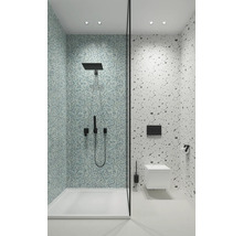 Badkamer met douche, toilet en mozaïektegels