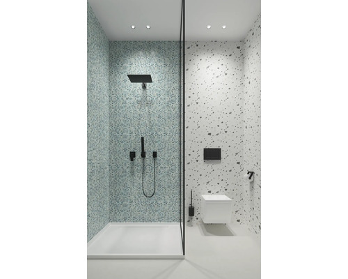 Badkamer met douche, toilet en mozaïektegels