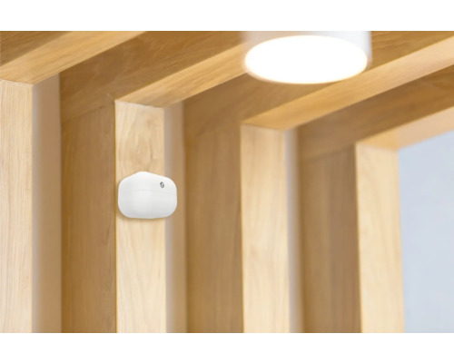 Witte rookmelder aan een houten plafond