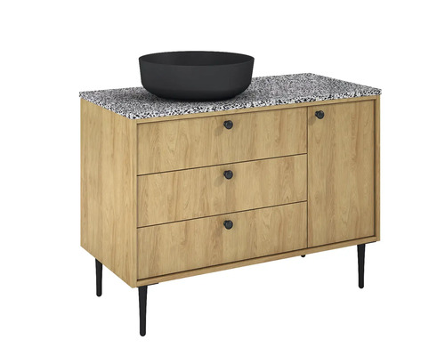 Wastafelmeubel met drie laden, een deur en een opzetwastafel