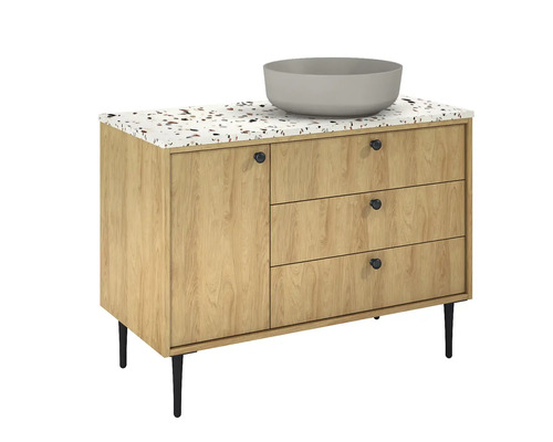 Wastafelmeubel met wastafel, één deur en drie lades voor de badkamer.