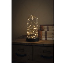 Decoratieve glazen stolp met lichtsnoer op een houten kast