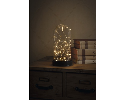 Decoratieve glazen stolp met lichtsnoer op een houten kast