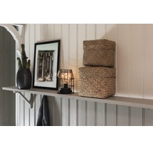 Plankdecoratie met cactus, fotolijst, lamp en twee manden