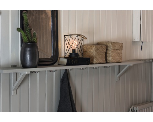 Decoratieve wandplank met spiegel, cactus, lamp en opbergdozen