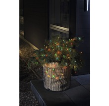 Decoratieve kerstboom met lichtjes in een draadmand voor een huis.