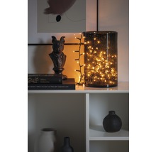 Decoratieve opstelling met lichtslinger in glazen vaas, beeld en boeken op een plank