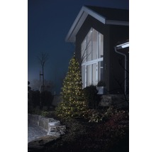 Verlichte kerstboom voor een huis in de nacht