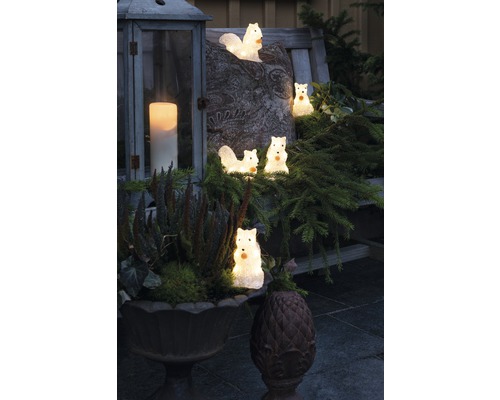 Decoratieve scène met verlichte eekhoornfiguren, lantaarn en plantenbak op een bank