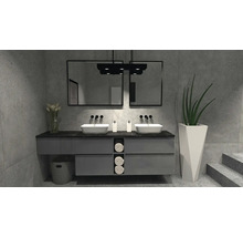 Moderne badkamer met dubbele wastafel, spiegels en grijze meubels