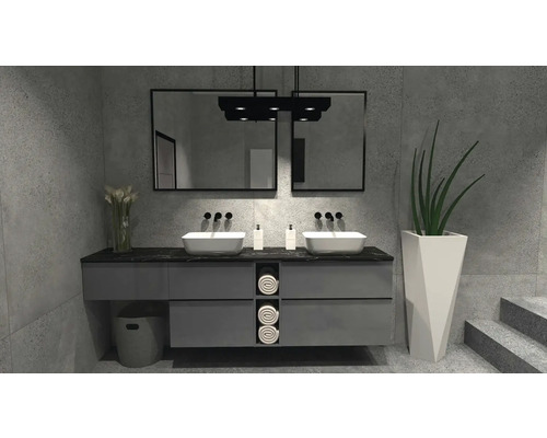 Moderne badkamer met dubbele wastafel, spiegels en grijze meubels