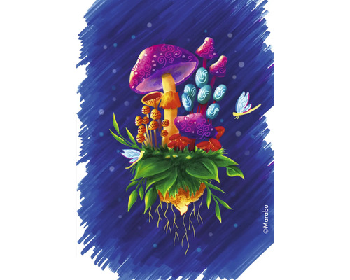 Illustratie van fantasierijke paddenstoelen en een libel