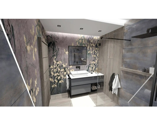 Moderne badkamer met wastafelonderkast, spiegel en douche