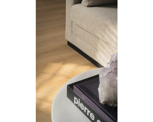 Detailopname van een woonkamer met bank, houtlook vloer, salontafel met boek en decoratieve steen