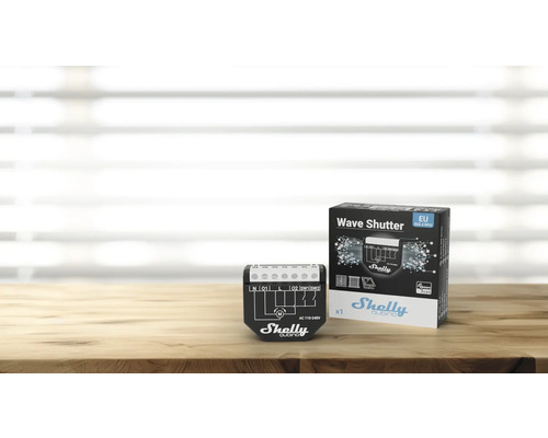 Shelly Wave Shutter voor het bedienen van rolluiken en jaloezieën met bijbehorende productverpakking