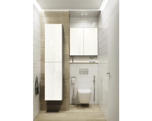 Moderne badkamer met toilet, wastafel, badmeubels en handdoek