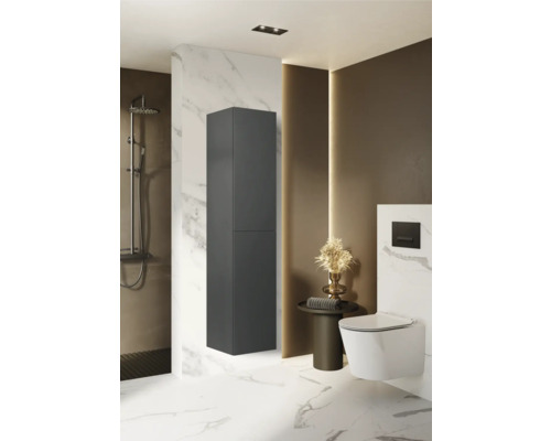 Moderne badkamer met douche, hangtoilet, wastafel en hoge kast voor opslag