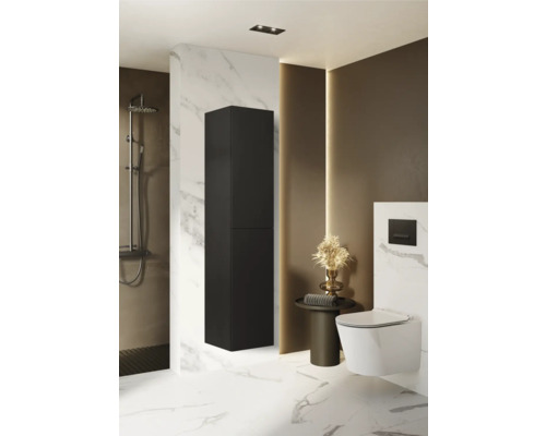Moderne badkamer met zwarte hangkast, douche en toilet
