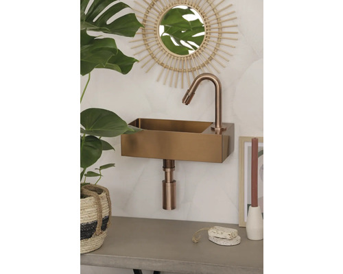 Wastafel van metaal aan de wand met kraan in een badkamer met spiegel en plant.