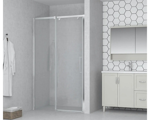 Badkamer met douchecabine, wastafel en spiegel