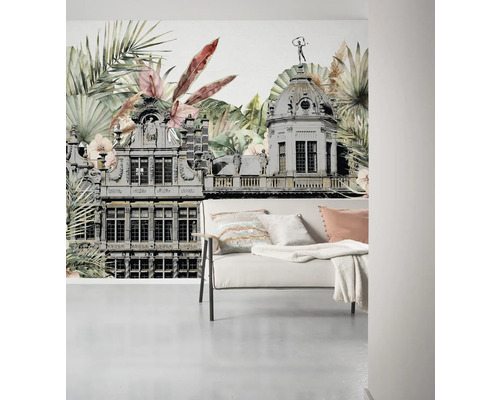Wandafbeelding met een gebouw en planten voor een lichte en ruime sfeer