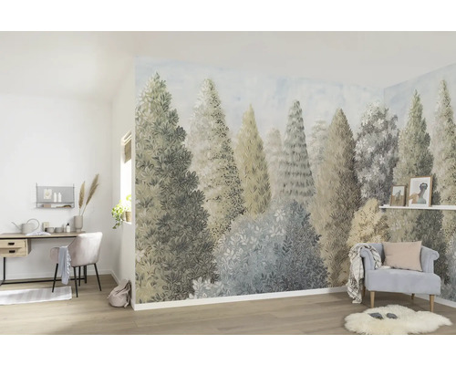 KOMAR Fotobehang vlies P278-VD4 Pure 2 Painted Woods 400x250 cm Lichte kamer met bosbehang, bureau en fauteuil voor een vriendelijke sfeer.