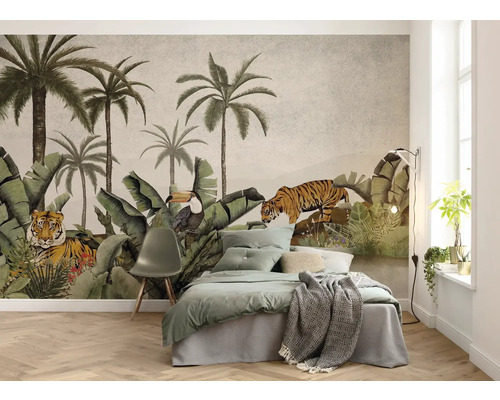 KOMAR Fotobehang vlies P279-VD4 Pure 2 Tiger Jungle 400x250 cm Slaapkamer met junglebehang met palmbomen, tijgers en een toekan