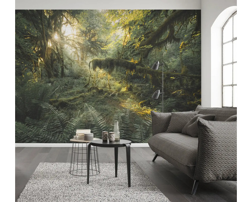 KOMAR Fotobehang vlies PSH103-VD4 Pure 2 Hall of Mosses 400x250 cm Woonkamer met fotobehang met jungle motief, bank en bijzettafels