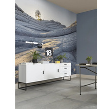 Woonkamer met dressoir, tafel en rotswandbehang