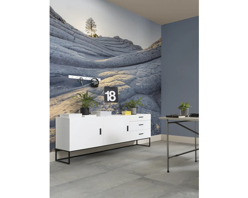 Woonkamer met dressoir, tafel en rotswandbehang