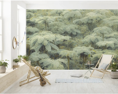 KOMAR Fotobehang vlies PSH106-VD4 Pure 2 Jungle Lands 400x250 cm Woonkamer met fotobehang met boomvarenmotief, twee ligstoelen en decoratie
