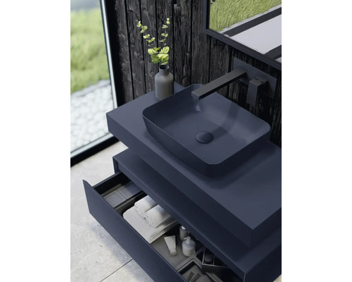 Wastafelmeubel met opzetwastafel, kraan en open lade in modern design