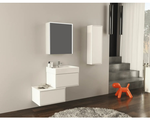 Badkamer met wastafel, spiegel, hoge kast en decoratie