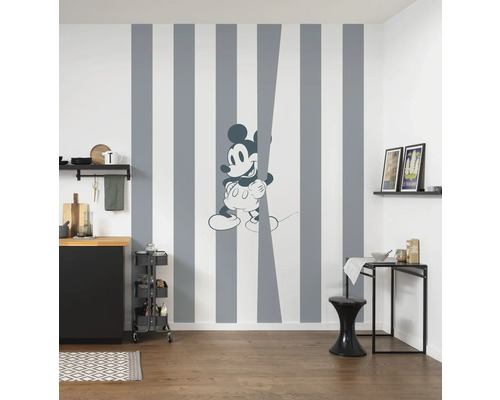 Woonkamer met gestreept behang en Mickey Mouse motief