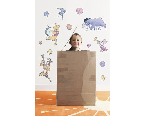Jongen in kartonnen doos voor muur met Winnie de Poeh muurstickers