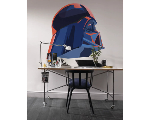 Werkkamer met bureau, bureaustoel, bureaulamp en muursticker met Darth Vader motief