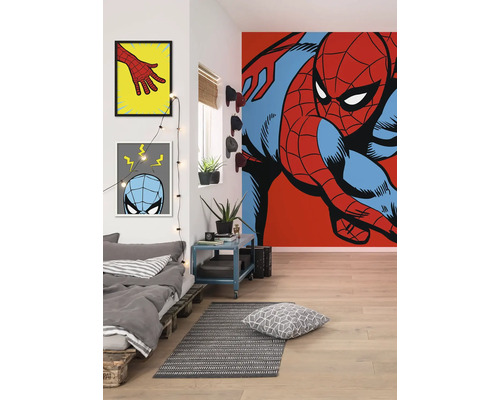 Slaapkamer met Spiderman muurschildering, bed, tapijt en decoratie