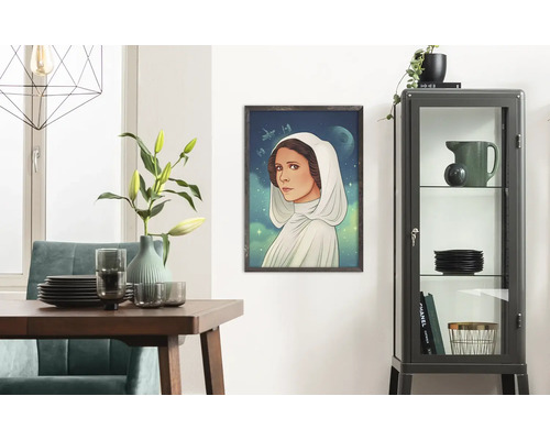 Eetkamer met eettafel, stoelen, hanglamp, glazen vitrine en ingelijste Star Wars Prinses Leia poster aan de muur.