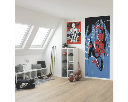 Lichte kamer met dakramen, ingericht met een ladekast, sportartikelen en Spiderman muurschilderingen.