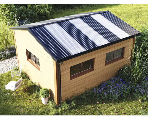 BRAVO profielplaat PC H12 UV1 2000 x 905 x 0,90 mm Tuinhuis met ramen en gedeeltelijk doorzichtig dak in de tuin